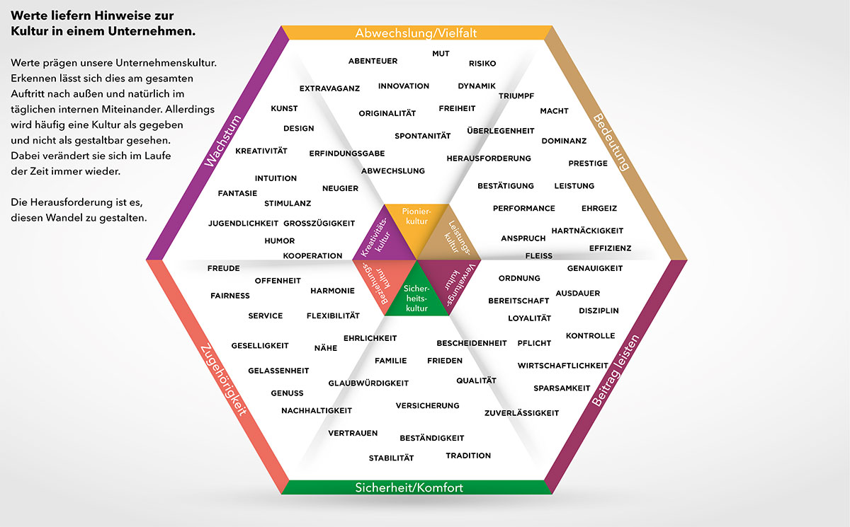 Kulturkarte mit den sechs Bedürfnisebenen, in denen die Unternehmenswerte eingetragen werden